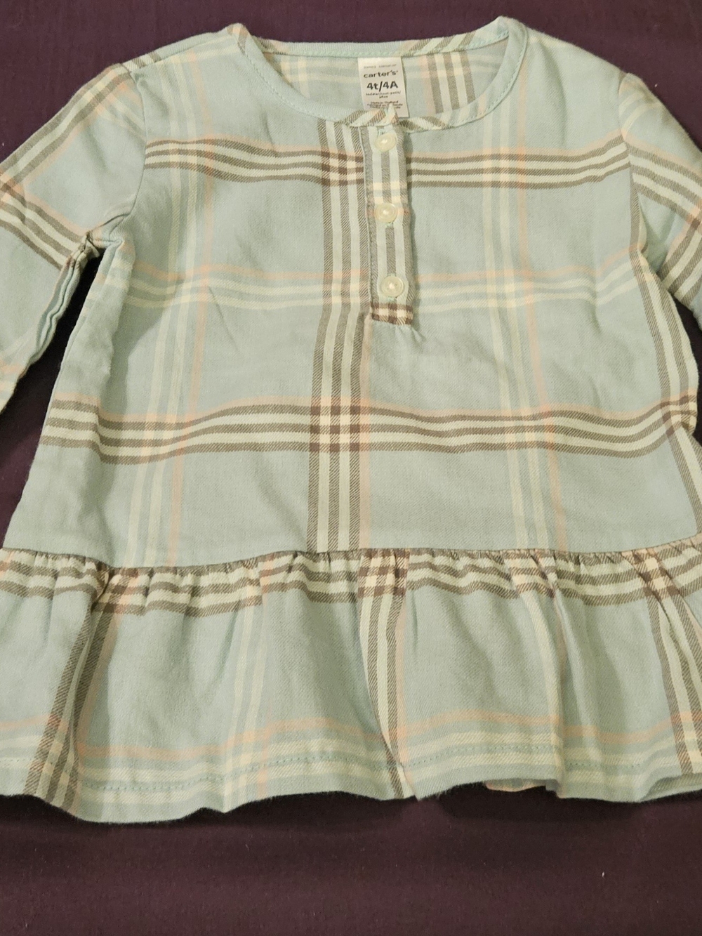 Carter's Mint Blue Plaid Ruffle-Hem Long Sleeve Top Girls 4T